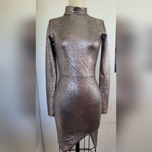 MISSGUIDED 0 Silver Metallic Snakeskin Mock Neck Long Sleeve Mini Bodycon Dress